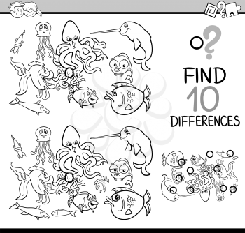 Black and White Cartoon Illustration of Finding Differences Educational Activity Task for Children with Sea Life Animal Characters Coloring Book