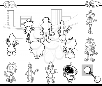 Black and White Cartoon Illustration of Educational Activity Game for Preschool Children with Robot Characters Coloring Book