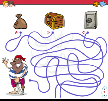 Cartoon Illustration of Educational Paths or Maze Puzzle Activity with Pirate Character and Treasures
