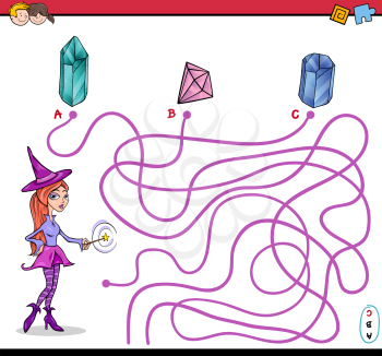 Cartoon Illustration of Educational Paths or Maze Puzzle Activity with Witch Character