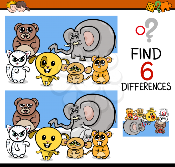 Cartoon Illustration of Finding Differences Educational Activity Game for Children with Animal Characters