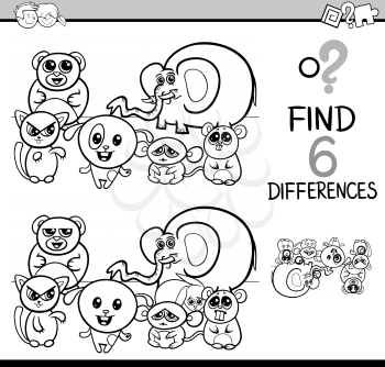 Black and White Cartoon Illustration of Finding Differences Educational Activity Game for Children with Animal Characters Coloring Book