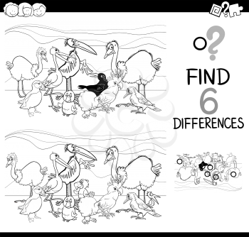 Black and White Cartoon Illustration of Finding Differences Educational Activity Game for Children with Birds Animal Characters Coloring Book