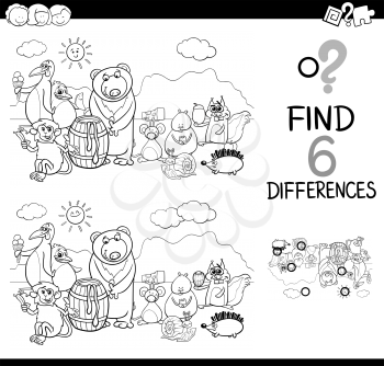Black and White Cartoon Illustration of Finding Differences Educational Activity for Children with Animal Characters Coloring Book