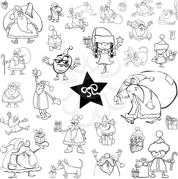 Black and White Cartoon Illustration of Christmas Characters and Themes Clip Arts Set