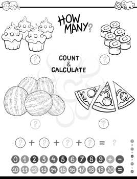Black and White Cartoon Illustration of Educational Mathematical Count and Addition Activity for Preschool Children Coloring Page