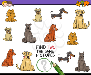 Cartoon Illustration of Find Two Exactly the Same Pictures Educational Activity for Children with Purebred Dogs