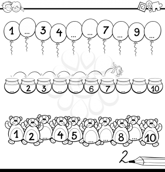 Black and White Cartoon Illustration of Educational Mathematical Activity for Children with Count to Ten Task Coloring Book