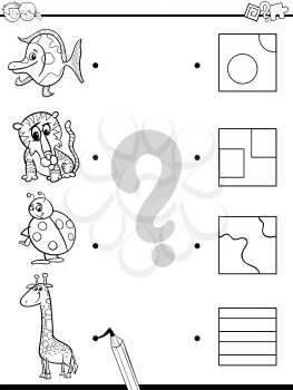 Black and White Cartoon Illustration of Education Element Matching Game for Children with Animals Coloring Page
