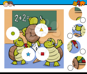 Cartoon Illustration of Educational Match the Elements Game for Children with Turtle Student Characters