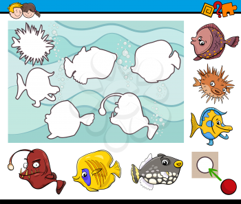 Cartoon Illustration of Educational Activity Task for Children with Sea Life Fish Animal Characters