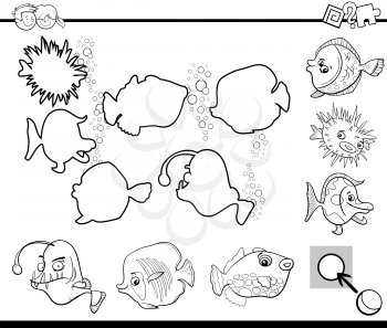 Black and White Cartoon Illustration of Educational Activity Task for Children with Sea Life Fish Animal Characters Coloring Page