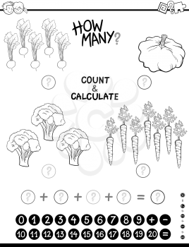 Black and White Cartoon Illustration of Educational Mathematical Count and Addition Activity for Preschool Children Coloring Page