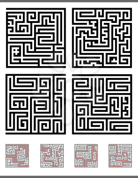 Illustration of Black and White Mazes or Labyrinths Games Set