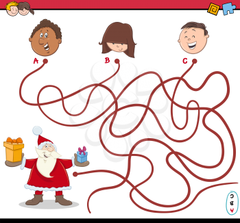 Cartoon Illustration of Paths or Maze Puzzle Activity with Santa Claus Character and Kids