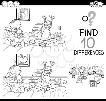 Black and White Cartoon Illustration of Finding Details Educational Activity for Children with Little Children Characters Coloring Book