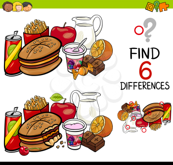 Cartoon Illustration of Finding the Difference Educational Activity for Children with Food Objects