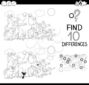 Black and White Cartoon Illustration of Finding Details Educational Activity for Children with Dogs Animal Characters Coloring Book