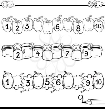Black and White Cartoon Illustration of Educational Mathematical Activity for Children with Count to Ten Coloring Page Worksheet
