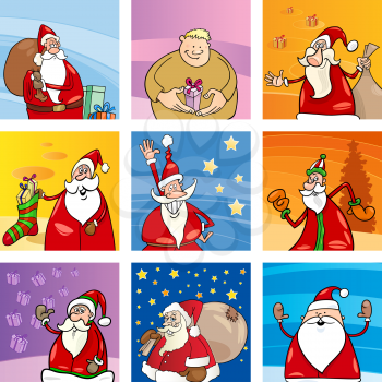 Cartoon Illustration of Christmas Design Elements or Greeting Cards with Santa Claus Characters Set
