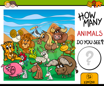 Cartoon Illustration of Educational Counting Maths Activity for Children with Wild Animal Characters