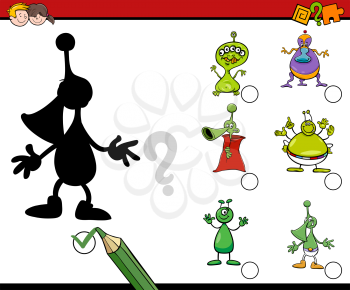 Cartoon Illustration of Find the Shadow Educational Activity for Preschool Children with Funny Alien Characters