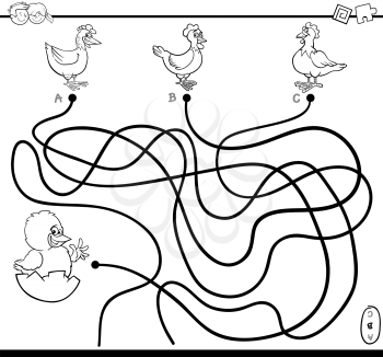 Cartoon Illustration of Paths or Maze Puzzle Activity with Hen and Little Chicken Farm Animal Characters Coloring Page