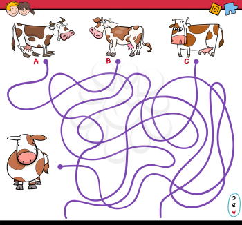 Cartoon Illustration of Paths or Maze Puzzle Activity Game with Calf and Cow Farm Animal Characters