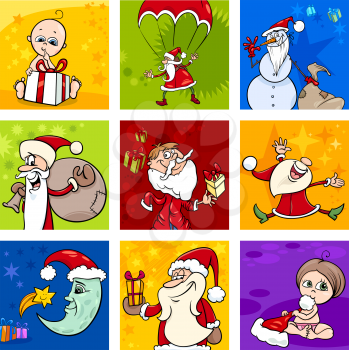 Cartoon Illustration of Christmas Design Elements or Greeting Cards with Santa Claus Characters Set