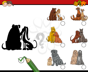 Cartoon Illustration of Find the Shadow Educational Activity for Children with Dog Characters