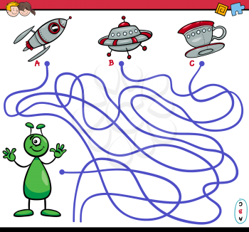 Cartoon Illustration of Paths or Maze Puzzle Activity Game with Alien Character and Ufo