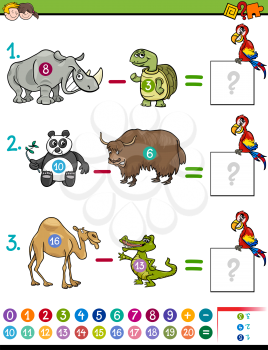 Cartoon Illustration of Educational Mathematical Subtraction Activity Game for Kids with Animal Characters