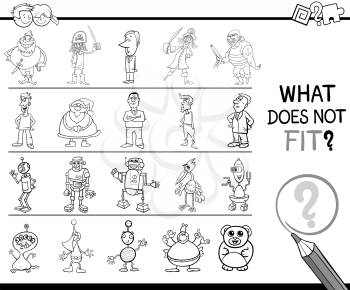 Black and White Cartoon Illustration of Finding Improper Picture in the Row Educational Activity for Children Coloring Page