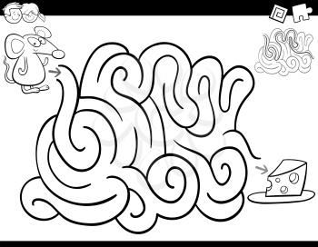 Black and White Cartoon Illustration of Education Maze or Labyrinth Activity Game for Children with Mouse and Cheese Coloring Page