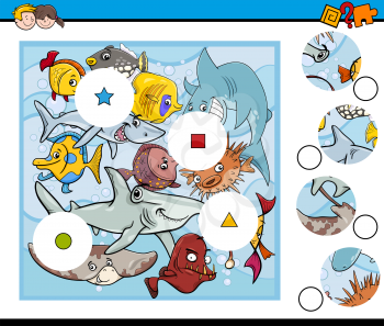 Cartoon Illustration of Educational Match the Elements Game for Children with Fish Sea Animal Characters