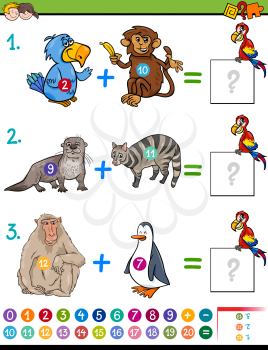 Cartoon Illustration of Educational Mathematical Addition Activity Task for Children with Animal Characters