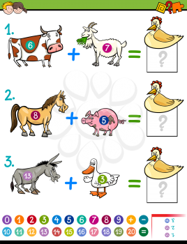 Cartoon Illustration of Educational Mathematical Addition Activity Task for Children with Farm Animal Characters