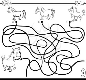 Black and White Cartoon Illustration of Paths or Maze Puzzle Activity Game with Colt and Horses Farm Animal Characters Coloring Page