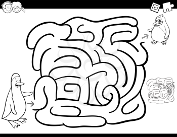 Black and White Cartoon Illustration of Education Maze or Labyrinth Activity Game for Children with Mother and Baby Penguin Coloring Page