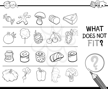 Black and White Cartoon Illustration of Finding Improper Picture in the Row Educational Activity for Children with Food Objects Coloring Page