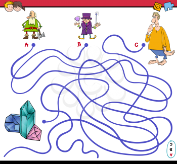 Cartoon Illustration of Paths or Maze Puzzle Activity Game with Fantasy Characters