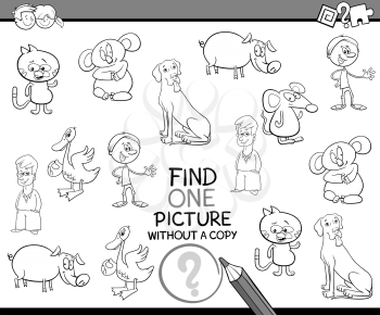 Black and White Cartoon Illustration of Educational Activity of Finding Picture for Children Coloring Page