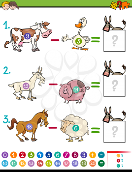 Cartoon Illustration of Educational Mathematical Subtraction Activity for Children with Farm Animal Characters
