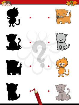 Cartoon Illustration of Find the Shadow Educational Activity Game for Children with Cats Animal Characters