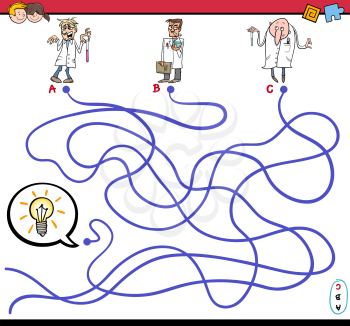 Cartoon Illustration of Paths or Maze Puzzle Activity Game with Scientist Characters