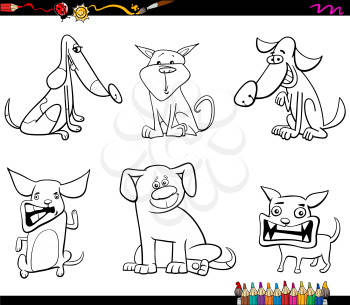 Black and White Cartoon Illustration of Dogs Animal Characters Set Coloring Page