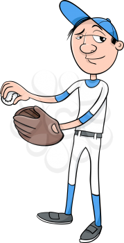 Cartoon Illustration of Pitcher Baseball Player Character with Glove and Ball