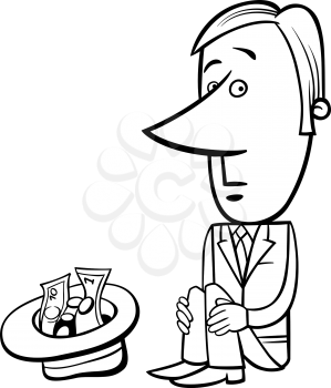 Black and White Concept Cartoon Illustration of Businessman Beggar with Donations in Hat