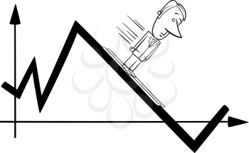 Black and White Concept Cartoon Illustration of Businessman Skiing on the Graph or Chart