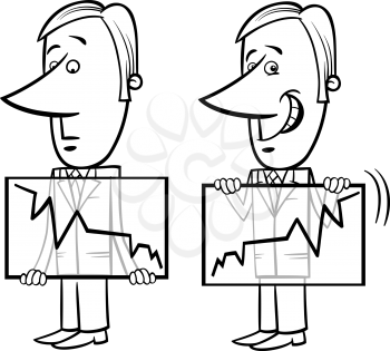 Black and White Concept Cartoon Illustration of Businessman Presents a Graph and Cheats